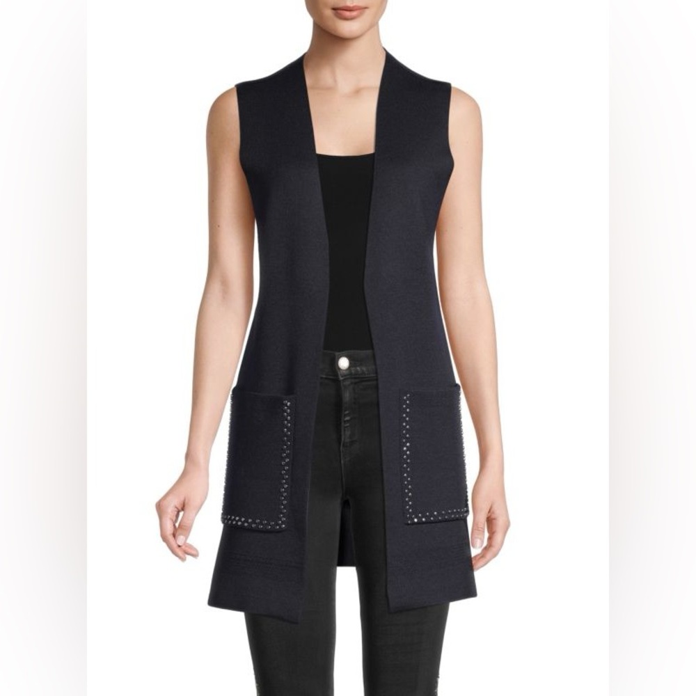 Kobi Halberpin Women’s Wool Blend Navy Silver Studded Long Open Sweater Vest XXL